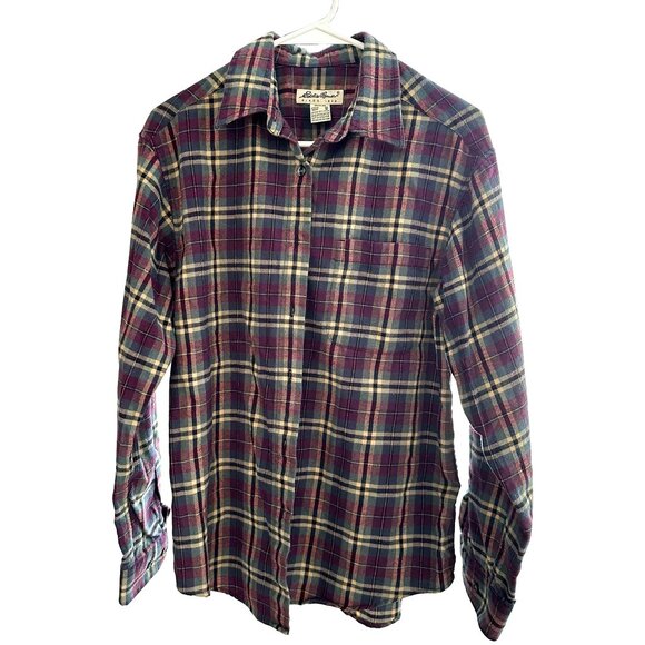 NWoT EDDIE BAUER VINTAGE 1990S  Maroon + Green Plaid Button Flannel Women's M - Picture 1 of 4